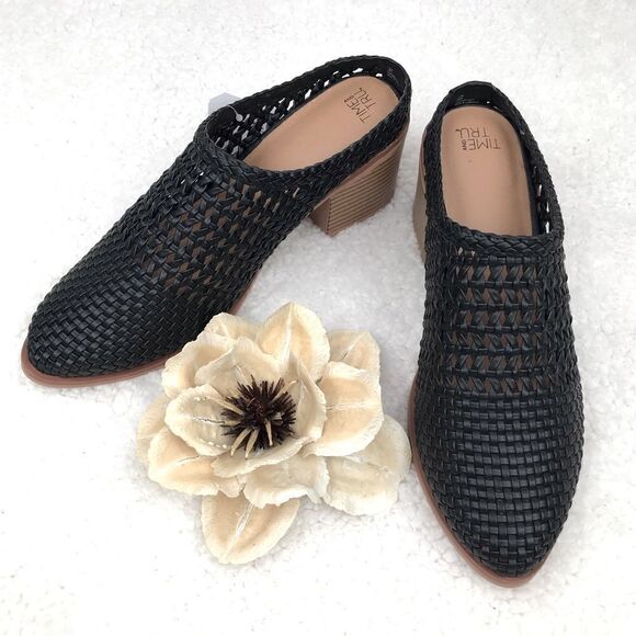 NEW Time &Tru Black Woven Mules Stacked Block Heel - Picture 2 of 11